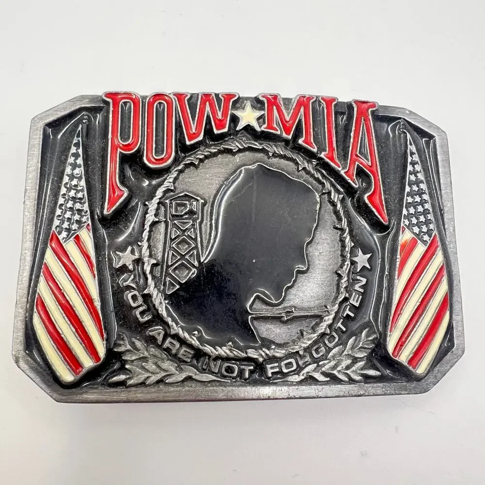VTG POW MIA Belt Buckle You Are Not Forgotten Military Bergamot Pewter Enamel